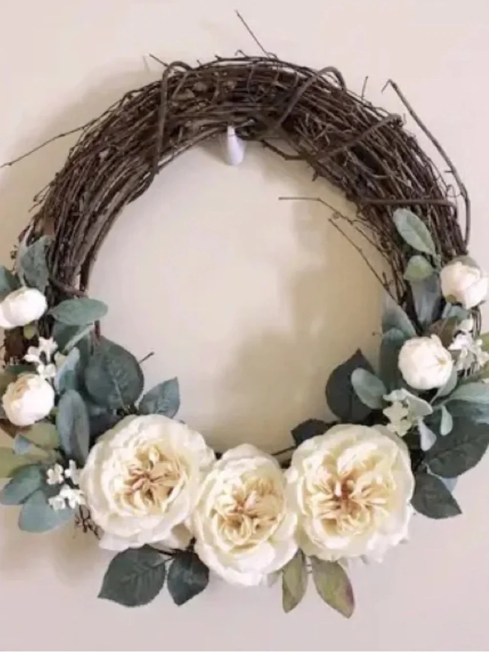 Hand Crafted Farmhouse Cream Rose Wreath Grapevine w/Greenery Custom Final Sale